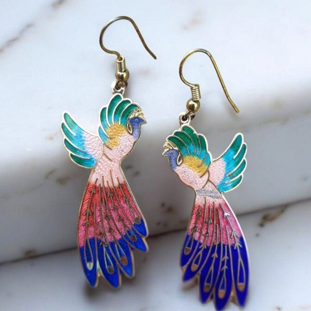 Vintage cloisonne birds of paradise earrings